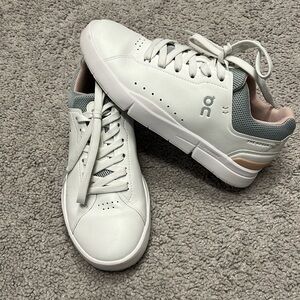 On Running White Sneakers with Light Gray and Blush Accents